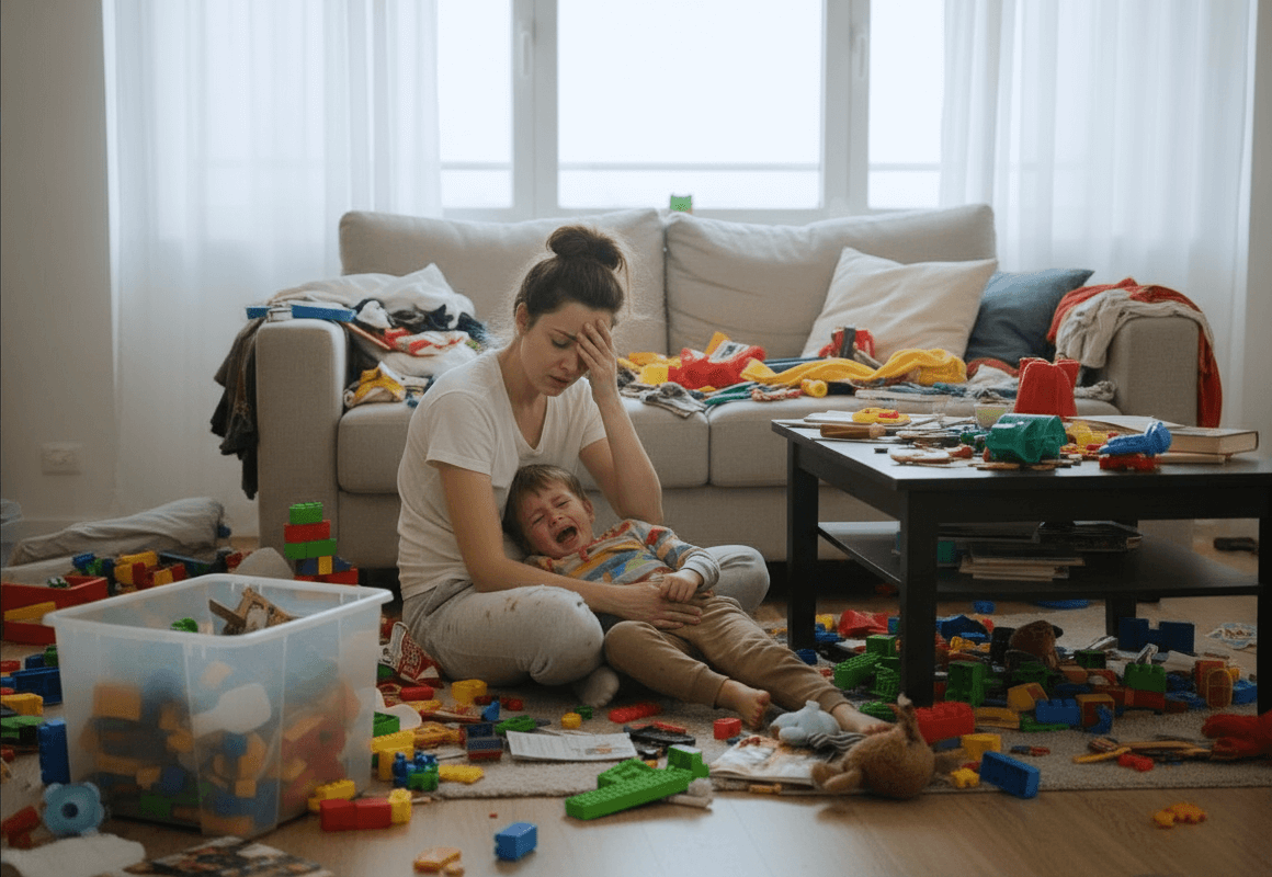 Persona adulta frustrada en una habitación desordenada mientras una criatura llora